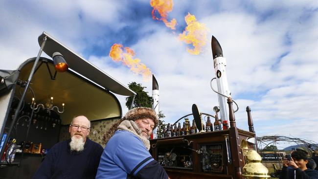 Huon Valley Mid Winter Feast - final day. (L-R) Bruce Trappes of Melbourne who made the flaming piano, with piano player Warren Marshall of Ulverstone. PICTURE: MATT THOMPSON