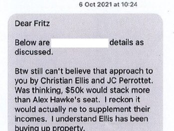 A text sent to Sydney businessman, Frits Mare. Picture: NSW Parliament.