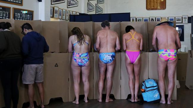Early morning swimmers placING their vote at Bondi. Picture: Lisa Maree Williams/Getty Images