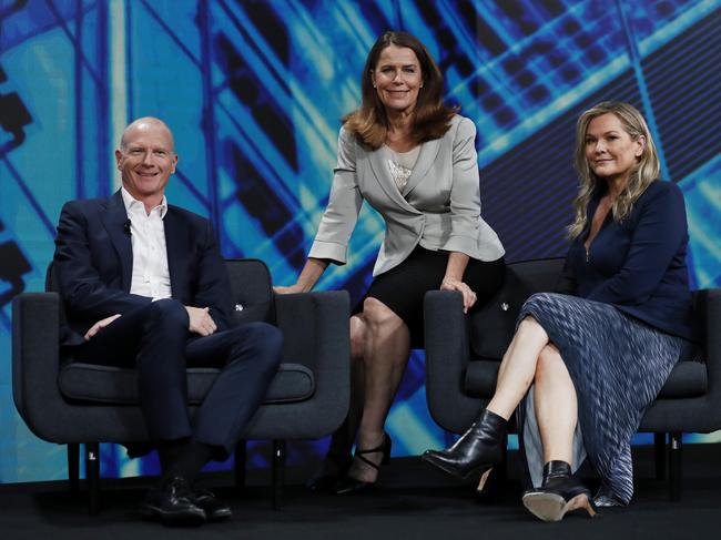 Ticky Fullerton with Chochlear chief executive, Dig Howitt, and Salesforce chief executive, Pip Marlow at the Strategic Forum, Sydney Tuesday, 17 November, 2020. Picture: Nikki Short