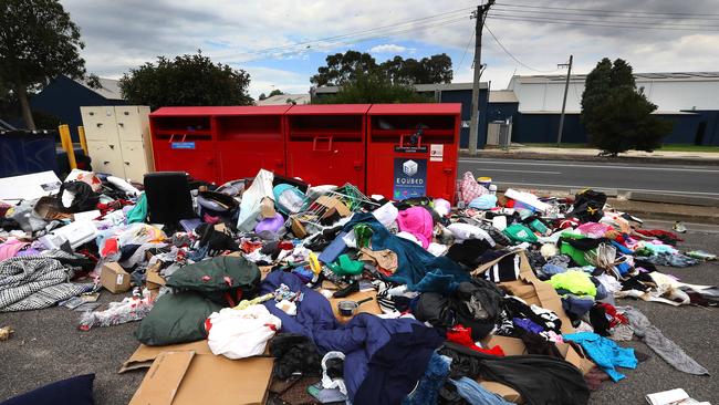 Charity bin dump mess on Barwon Heads Rd near Kmart Belmont. Picture: Alison Wynd