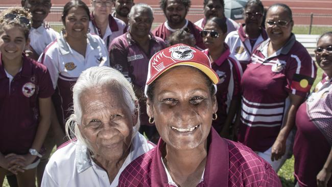 Yarrabah Seahawks Junior Rugby League president Gillian Bann has been awarded the 2021 QRL Female Contribution Award and the 2021 NRL Women In League Award for her contributions to women's rugby league in her community. Pictured with her grandmother 86-year-old lifelong rugby league fan Hope Patterson at the CDRL Semi-Finals at Barlow Park. Picture: Brian Cassey