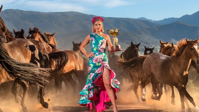 Olivia Molly Rogers with the 2018 Melbourne Cup in Tawonga. Picture: Jason Edwards