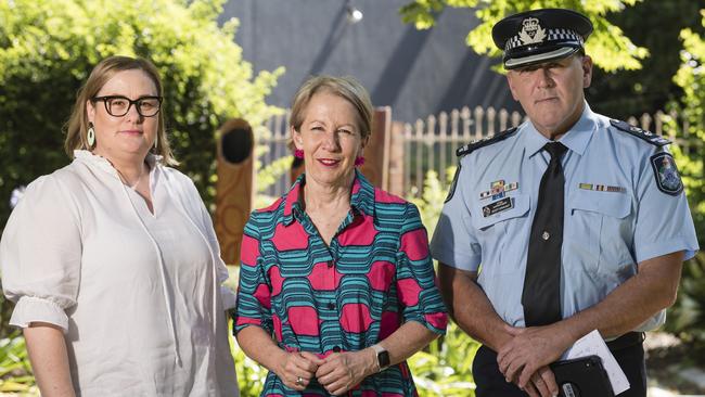 Talking youth crime issues are (from left) CatholicCare youth and counselling team leader Leah Millward, Youth Justice Minister Di Farmer and Acting Superintendent Scott Stahlhut after the Queensland government announce $2 million in funding for CatholicCare to continue intensive programs for youth offenders on bail. Picture: Kevin Farmer