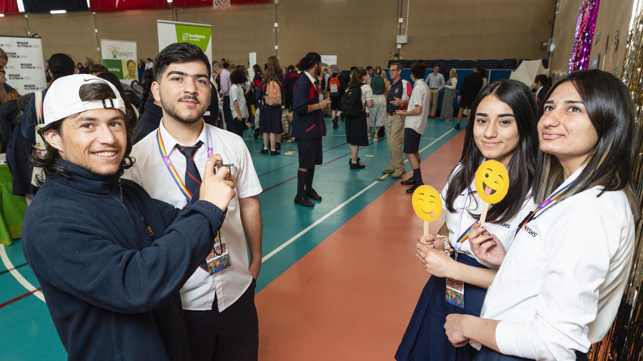 Toowoomba State High School students (from left) Ardwan Almahmah, Aven Khiro, Jilan Shanibaqi and Sosan Khalaf at the TSHS Mental Health Expo, Friday, October 14, 2022. Picture: Kevin Farmer