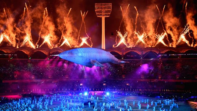 The inflatable white whale Migaloo flies over Carrara Stadium. Picture: Getty