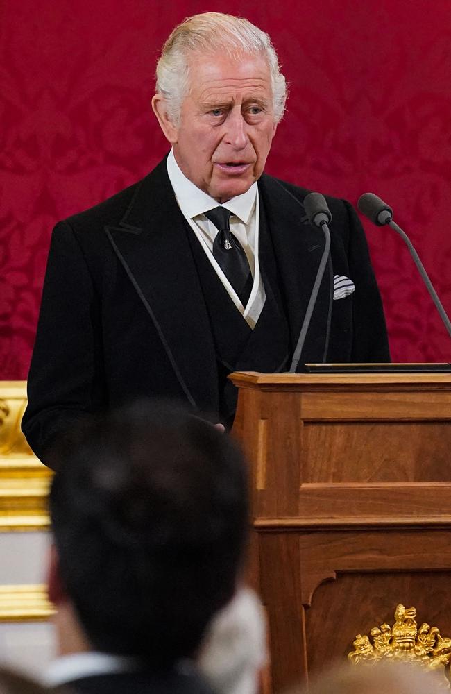 Britain's King Charles III speaks during a meeting of the Accession Council in the Thrown Room inside St James's Palace in London. Picture: AFP