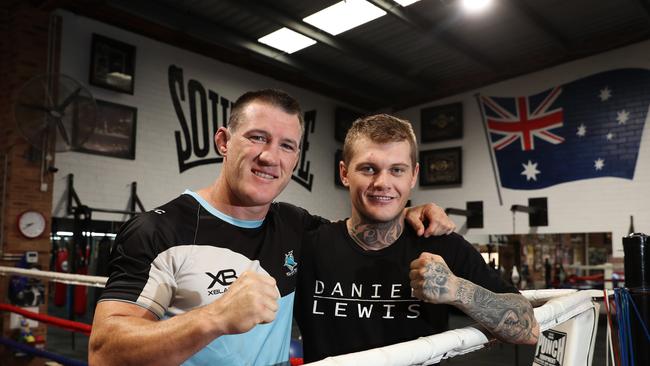 Cronulla Sharks skipper Paul Gallen with rising Aussie boxer Daniel Lewis at Caringbah, Sydney. Picture: Brett Costello