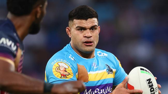 GOLD COAST, AUSTRALIA - JULY 30: David Fifita of the Titans runs the ball during the round 22 NRL match between Gold Coast Titans and North Queensland Cowboys at Cbus Super Stadium on July 30, 2023 in Gold Coast, Australia. (Photo by Chris Hyde/Getty Images)