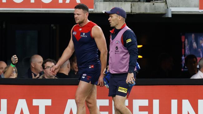 Steven May suffered a hamstring injury in the preliminary final but managed to play after the pre-grand final bye. Picture: Michael Willson/AFL Photos via Getty Images