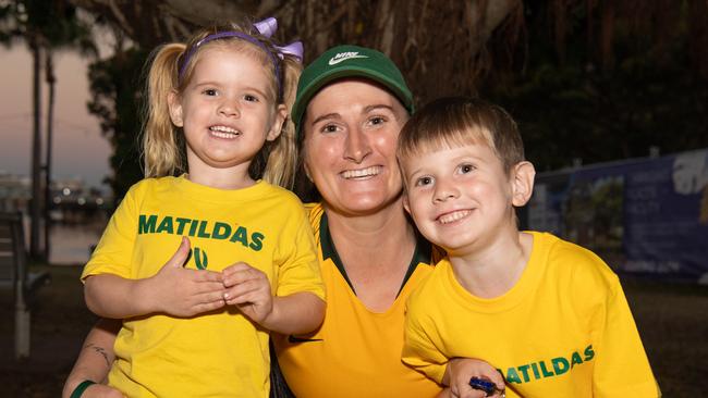 Madeline Baiton, Kirsty Baiton and Alan Baiton as thousands of fans gather to watch the Matildas take on England in the World Cup Semifinal at Darwin Waterfront. Picture: Pema Tamang Pakhrin