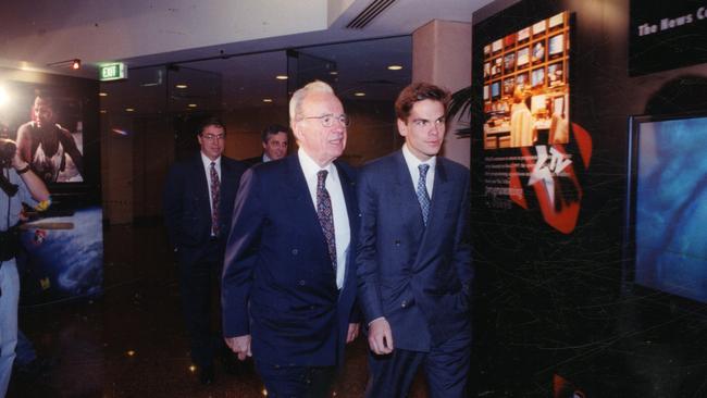 Rupert Murdoch and eldest son Lachlan after the News Corp annual general meeting in Adelaide in 1995.