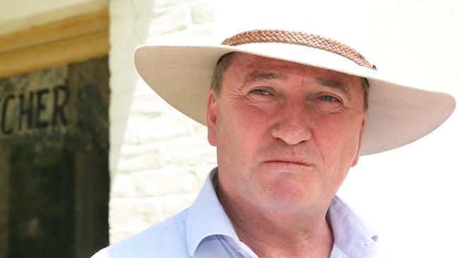 Barnaby Joyce out the front of the old closed down butchers shop in Bendemeer in the New England. Picture: Peter Lorimer