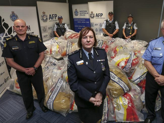 AFP deputy commissioner Leanne Close and other law enforcers with the $1b haul of drugs. Picture: Nic Ellis/The West Australia