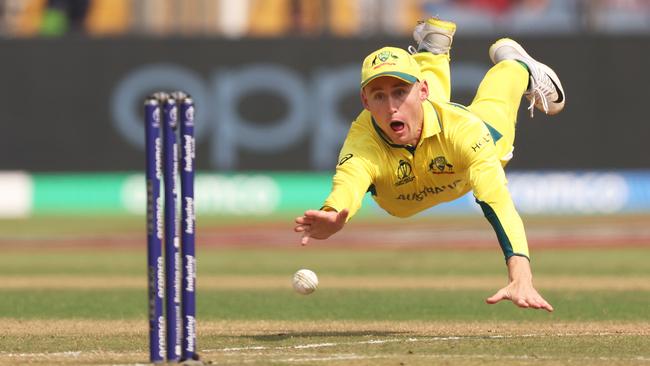 Marnus Labuschagne of Australia throws the ball as he runs out Mahmudullah of Bangladesh during the ICC Men's Cricket World Cup India 2023 between Australia and Bangladesh. Picture: Robert Cianflone/Getty Images