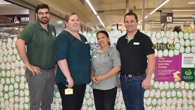 Roma Woolworths store manager Tony Marris (right) with staff members Jordan, Fiona and Belle. Picture: Chloe Cufflin.