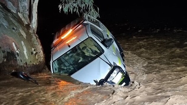 A car that was washed away in floodwater on Outback Highway in the northern Flinders Ranges near Beltana. Picture Via Coober Pedy Mine Rescue Facebook