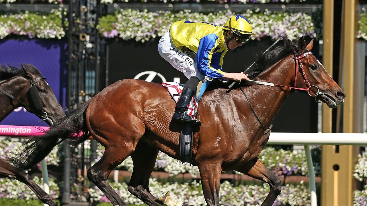 MELBOURNE, AUSTRALIA - OCTOBER 06: John Allen riding Extra Brut wins race 4 the UCI Stakes during Melbourne Racing at Flemington Racecourse on October 6, 2018 in Melbourne, Australia. (Photo by Scott Barbour/Getty Images)