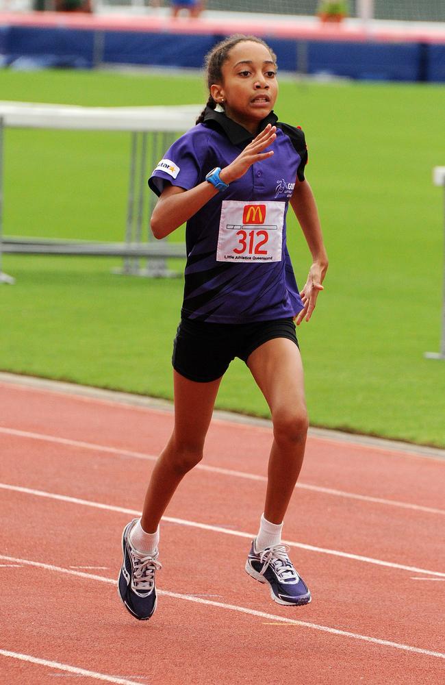 Little Athletics Queensland's State Championships at Queensland Sports and Athletics Centre, Nathan. Goodna's Txai Anglin, in the Girls U10 400m. Picture: Peter Cronin