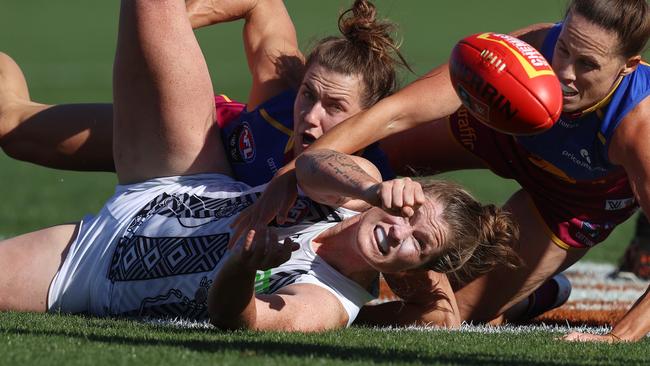 Brisbane made it a very tough day for Bri Davey and Collingwood. Picture: Michael Klein