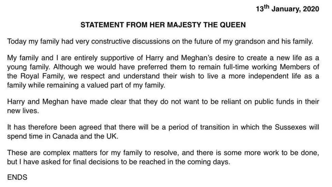 The Queen issued a rare statement about Prince Harry and Meghan. Picture: Buckingham Palace