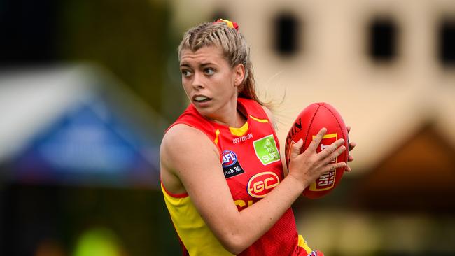 Kalinda Howarth of the Suns in action during the 2020 AFLW Semi Final match between the Fremantle Dockers and the Gold Coast Suns at Fremantle Oval on March 21, 2020 in Fremantle, Australia. (Photo by Daniel Carson/AFL Photos via Getty Images)