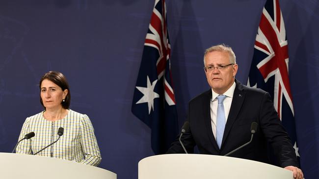 NSW Premier Gladys Berejiklian and Prime Minister Scott Morrison unveil a new multibillion-dollar fund to open up gas for the domestic market and to fund emissions reduction projects. Picture: AAP