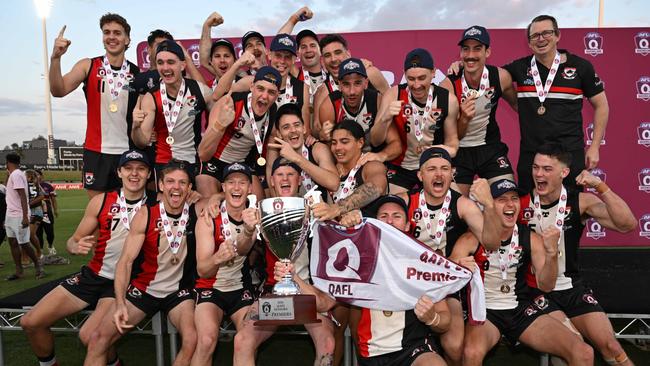 Morningside celebrates its premiership in the 2024 QAFL grand final between Morningside and Redland Victoria Point. Picture: Highflyer Images.