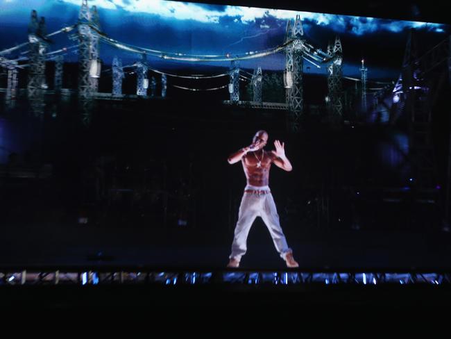 A hologram of the late rapper Tupac Shakur performs at Coachella. Picture: Getty Images