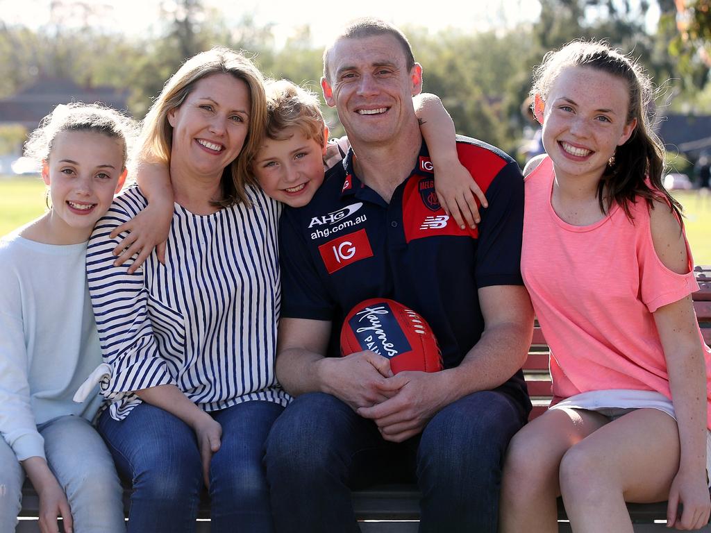 Simon Goodwin with wife Maggie, son Eddie and daughters Isabella (left) and Lily. Picture: Wayne Ludbey