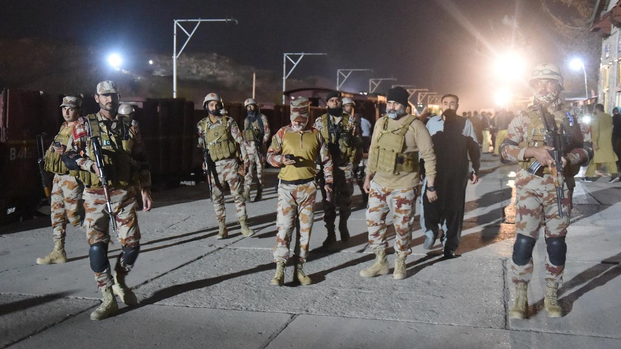 Soldiers secure Mach railway station after Pakistani security forces freed some passengers. Picture: Banaras Khan / AFP