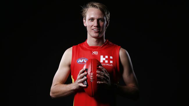 Number 2 draft pick Jack Lukosius of the Suns poses for a photograph during the 2018 AFL Draft at Marvel Stadium in Melbourne, Australia, Thursday, November 22, 2018. Picture: AAP Image, Daniel Pockett.