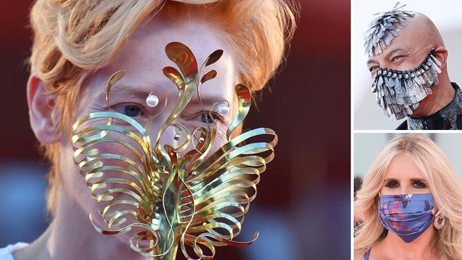 Masks were the must-have fashion accessory for (clockwise from left) Tilda Swinton, Principe Mauri and Tiziana Rocca on the Venice Film Festival Red Carpet overnight. Pictures: Matrix, Getty