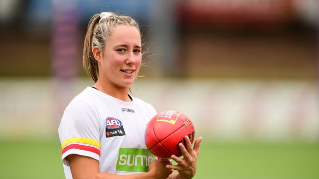 PERTH, AUSTRALIA - MARCH 15: Jacqui Yorston of the Suns at warmup during the 2020 AFLW Round 06 match between the West Coast Eagles and the Gold Coast Suns at Mineral Resources Park on March 15, 2020 in Perth, Australia. (Photo by Daniel Carson/AFL Photos via Getty Images)