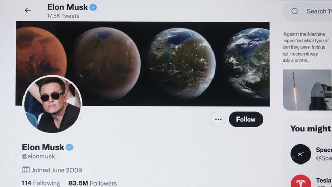 The Twitter profile of Elon Musk with more than 80 million followers. Picture: Scott Olson/Getty Images