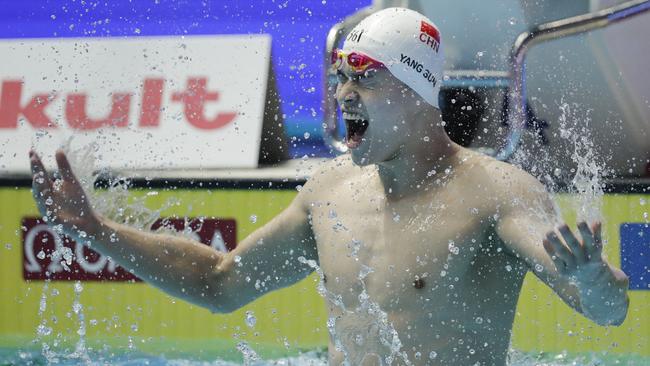 China’s Sun Yang reacts after winning the men's 400m freestyle final at the World Swimming Championships in Gwangju. Picture: AP