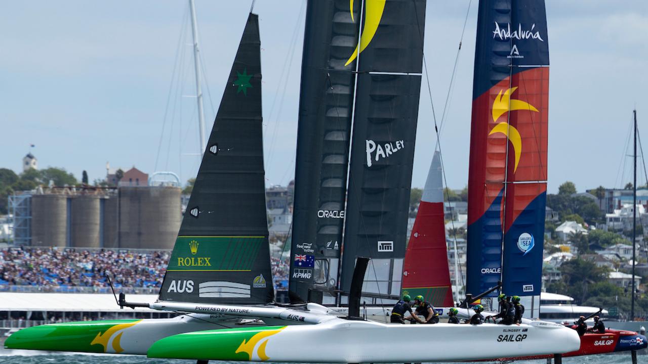 Australia withstood a late challenge from Spain in the podium final. Photo: Felix Diemer for SailGP.