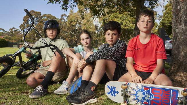 Harry, 12, Ryan, 11, Imogen, 12, and Mylo, 10 at Newland Park after Burnside Council went back to the drawing board in November last year. Picture: Matt Loxton