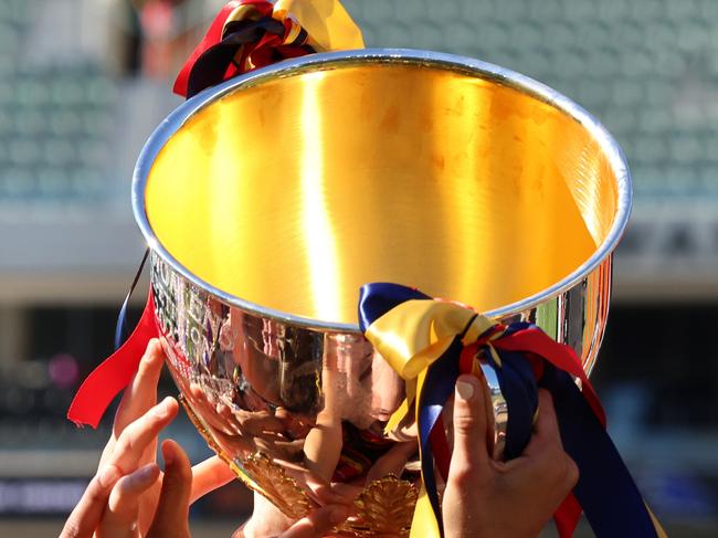 ADELAIDE, AUSTRALIA - APRIL 09: The premiership cup is seen during the 2022 AFLW Grand Final match between the Adelaide Crows and the Melbourne Demons at Adelaide Oval on April 09, 2022 in Adelaide, Australia. (Photo by Russell Millard/AFL Photos via Getty Images)