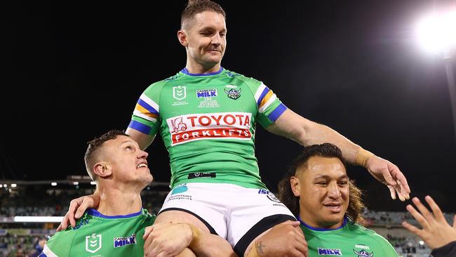 Jarrod Croker of the Raiders is chaired from the field after his 300th game. Picture: Getty Images