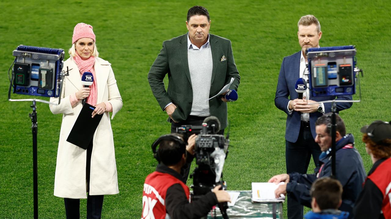 Sarah Jones, Garry Lyon and Nathan Buckley with Fox Footy. Photo by Michael Willson/AFL Photos via Getty Images.