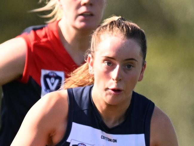 MELBOURNE, AUSTRALIA - APRIL 23: Laura Gardiner of the Cats takes possession of the ball during the round nine VFL match between the Casey Demons and the Geelong Cats at Casey Fields on April 23, 2022 in Melbourne, Australia. (Photo by Morgan Hancock/AFL Photos/Getty Images)