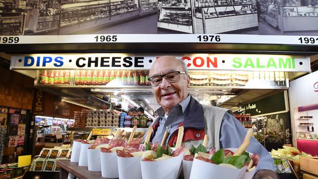 Con Savvas, 84, at his stall, Con’s Fine Foods. Picture: Naomi Jellicoe