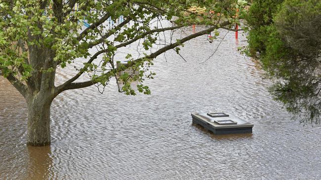 A Maribyrnong park submerged in floodwater. Picture: Nicki Connolly