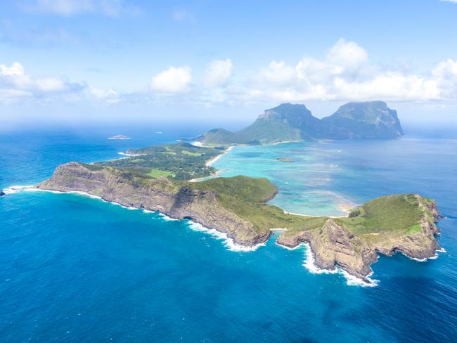 Stunning aerial panorama drone view of Lord Howe Island, a pacific subtropical island in the Tasman Sea between Australia and New Zealand. Lord Howe belongs to New South Wales, Australia.