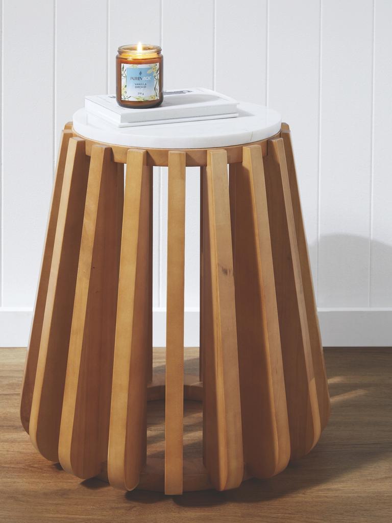 Shoppers can add a little glam to their living spaces with this marble and wooden side table worth $159. Picture: Aldi