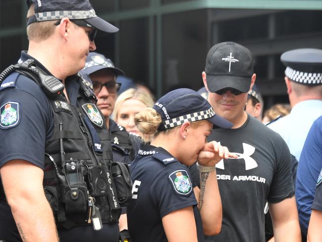 Memorial police service for Constable Matthew Arnold and Constable Rachel McCrow at Townsville Police Station. Constable Bree Lochyear, who went through police academy with Rachel wipes away tears. Picture: Evan Morgan