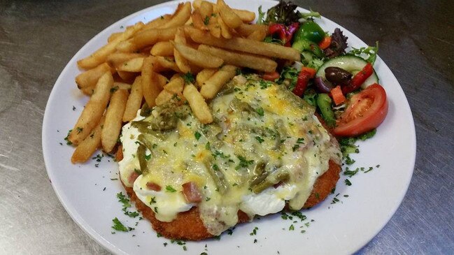 Schnitzel with the “Charleston topping” at Charleston Hotel, Charleston SA. The