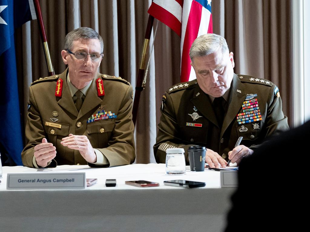 United States Chairman of the Joint Chiefs of Staff, General Mark Milley (right) alongside Australian Defence Force chief, General Angus Campbell, at a media roundtable to discuss the US-Australia Alliance on Wednesday. Picture: Defence Imagery / Jay Cronan