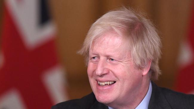 Boris Johnson attends a virtual press conference inside 10 Downing Street. Picture: AFP.